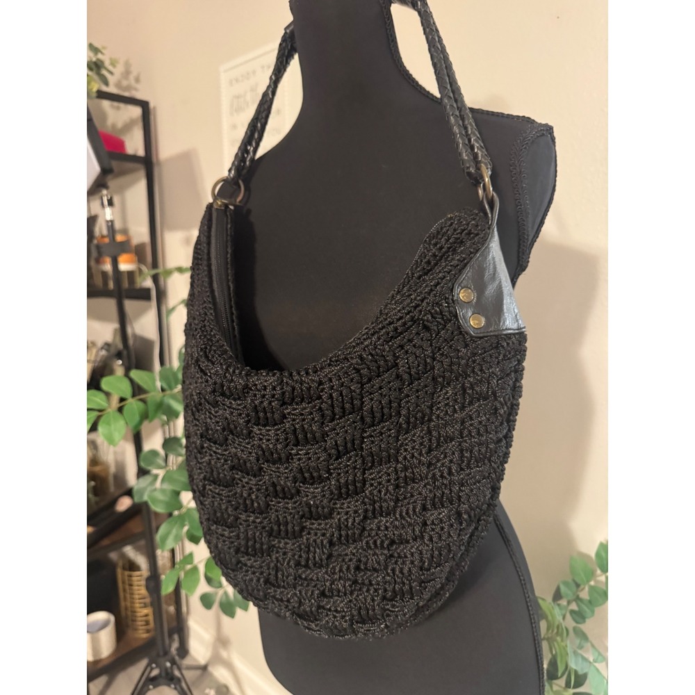 The Sak Original Black Crochet Hobo Bag Braided Leather Strap Shoulder Bag